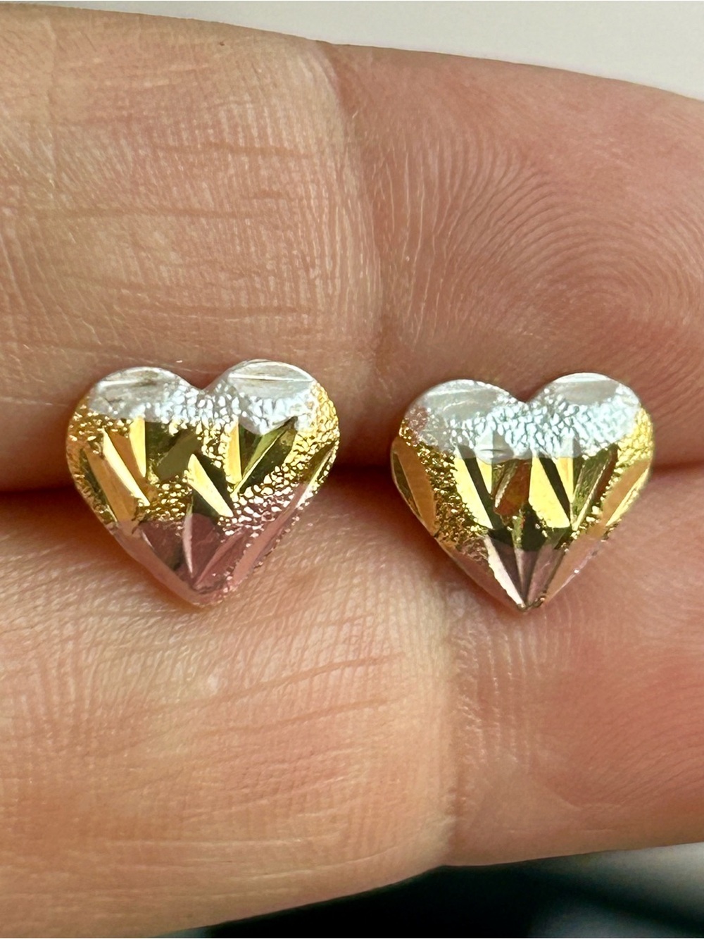14K Gold Plated Tricolor Heart Stud Earrings - Women Jewelry